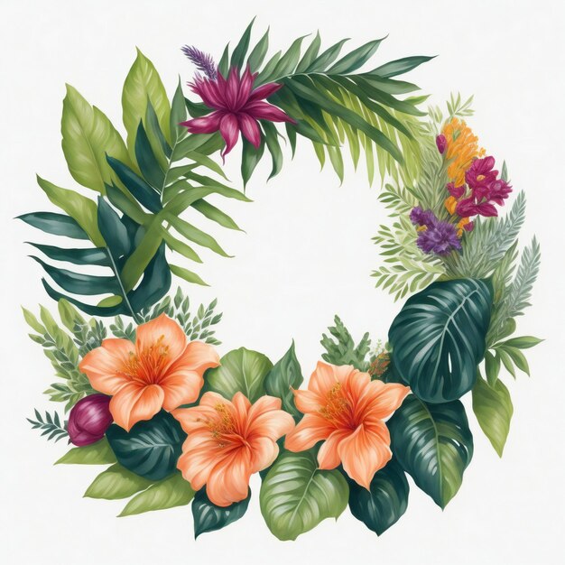 Photo a watercolor wreath composed of tropical flowers and lush green foliage ai generated