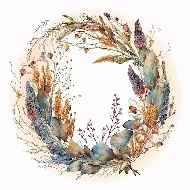 watercolor wreath dried flower on white background