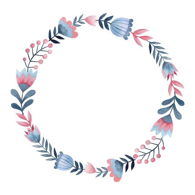 watercolor wreath of flowers in folk art