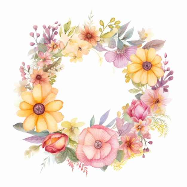 A watercolor wreath of flowers is made by the artist.