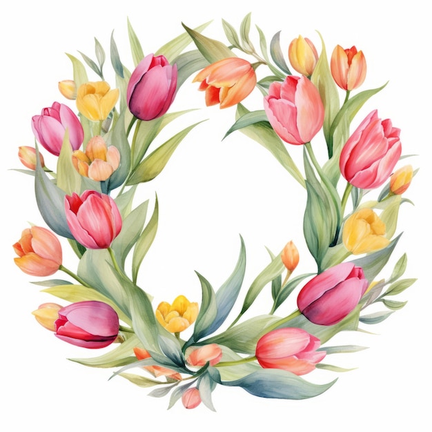 watercolor wreath of flowers leaves and tulips