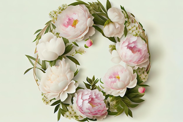 Watercolor wreath from realistic pink and white flowers For card wedding design Tender vintage mood Generative Ai