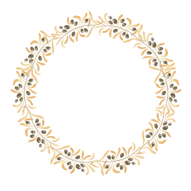 Photo watercolor wreath of gold color from the branches, leaves and berries of the olive tree