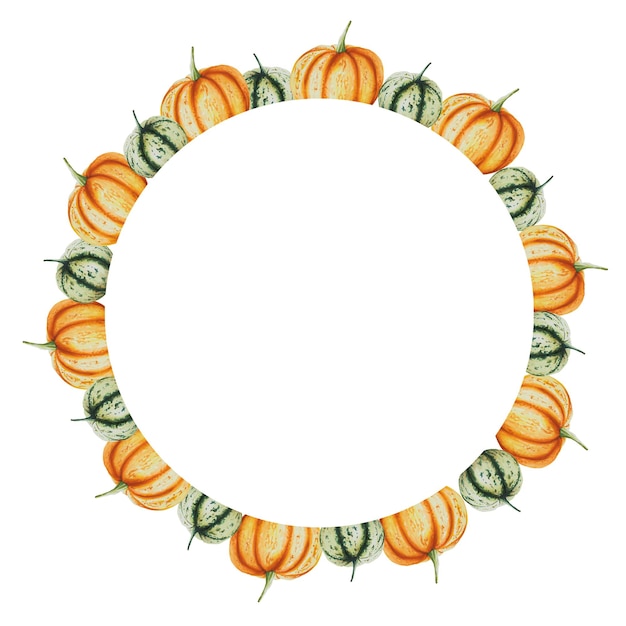 Watercolor wreath with autumn pumpkins isolated Thanksgiving Halloween illustration for designers