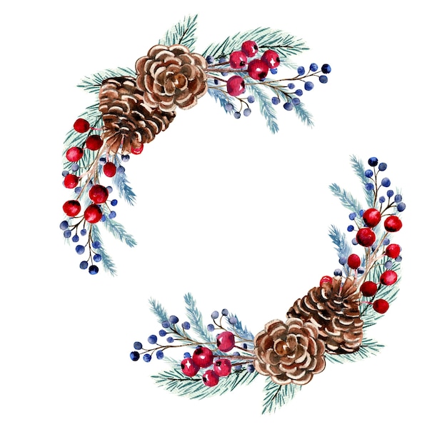 Watercolor  wreath with Christmas gnome, berries, fir cones, fir branches.