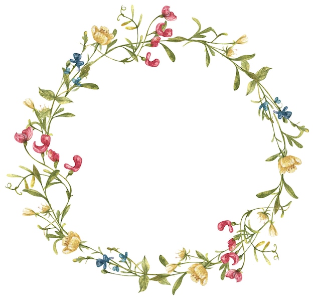 Watercolor wreath with colorful hand drawn wildflowers