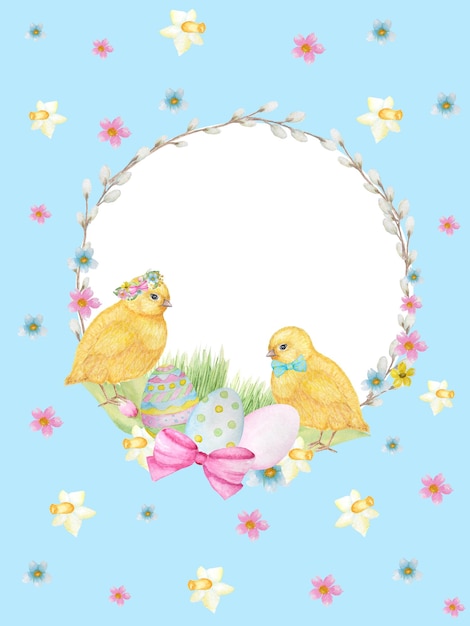 Watercolor wreath with easter eggs chickens on blue background greeting cards