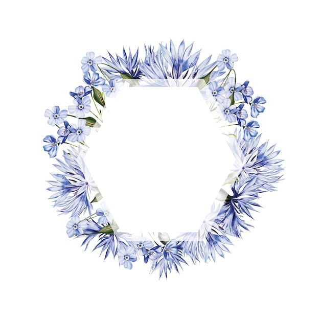 Watercolor wreath with flowers of cornflowers and forgetmenot leaves