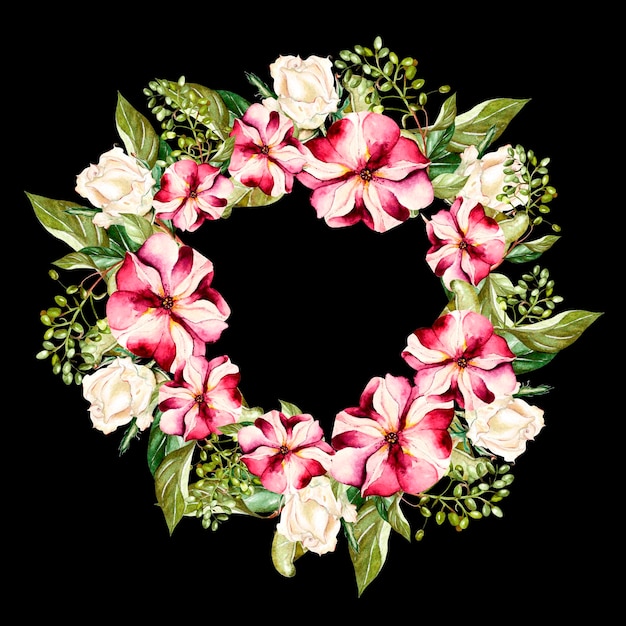 Акварельный венок с цветами роз и петуний Иллюстрация