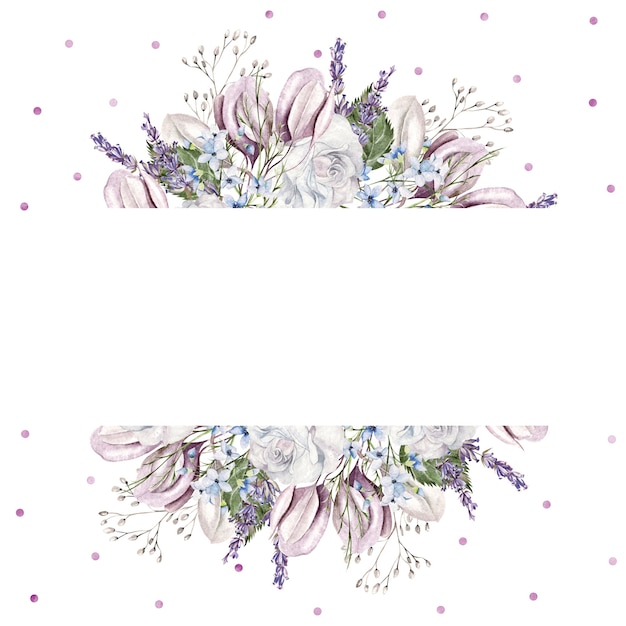 Watercolor wreath  with flowers with copy space in the middle on white background