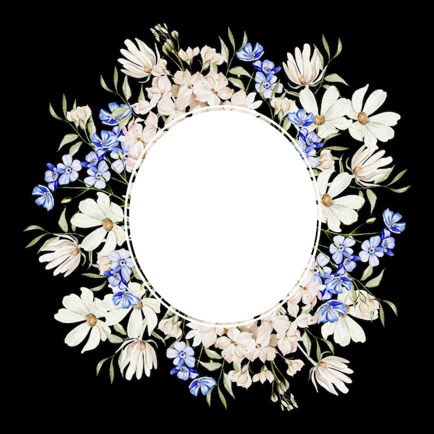 Watercolor wreath with forget me not flowers chamomile and hudrangea green leaves