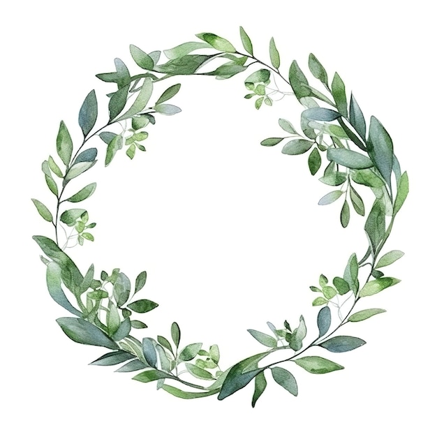 Watercolor wreath with green leaves and branches. hand painted illustration of a wreath with green leaves and branches.