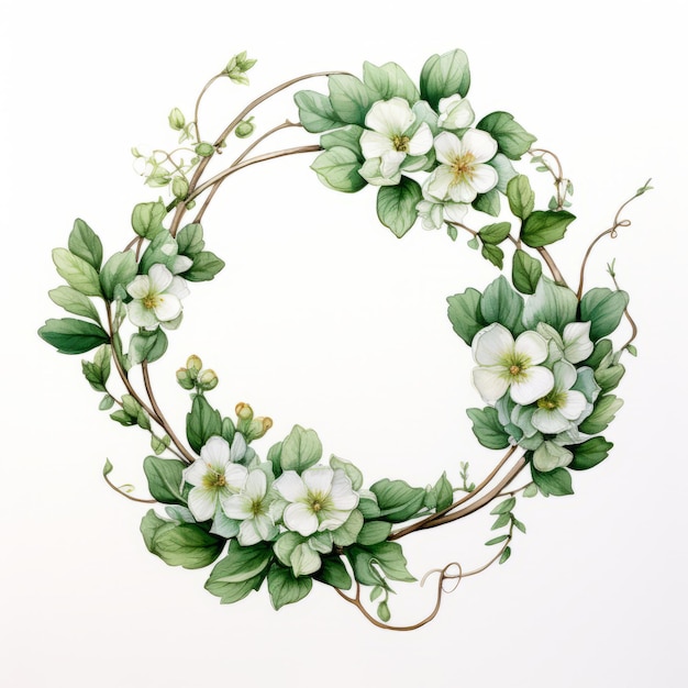 Watercolor Wreath With Green Leaves And Flowers