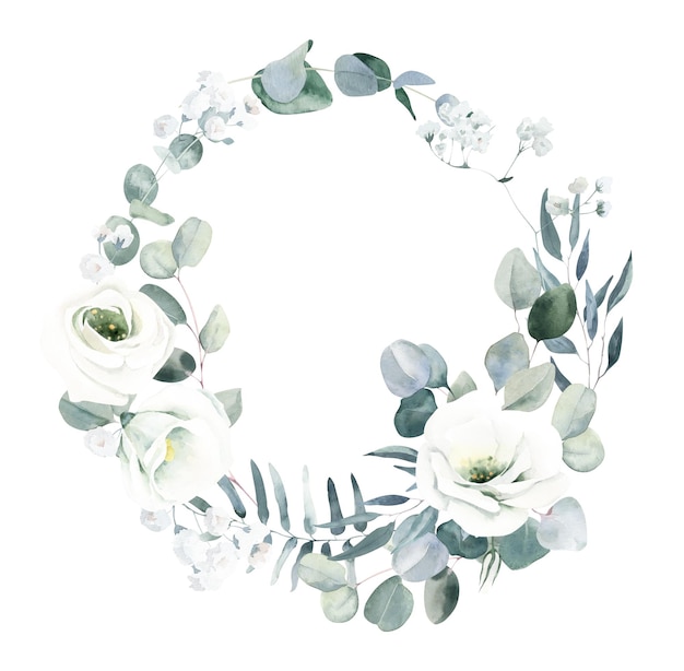 Lisianthus Gypsophila와 Eucalyptus가 있는 수채화 화환