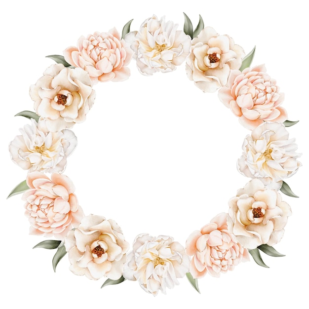 Foto corona dell'acquerello con peonie rose camellia foglie verdi illustrazioni isolate su sfondo bianco per ghirlande matrimonio inviti anniversario compleanno cartoline auguri