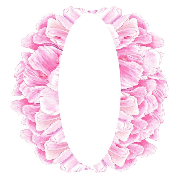 Watercolor wreath with pink peonys handdrawn in botanical style for use in presentation wedding