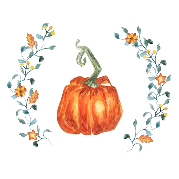 Watercolor wreath with pumpkins autumn forest plant leaves Thanksgiving Harvest day design