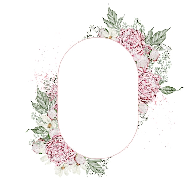 Watercolor wreath with roses flowers and chamomileleaves