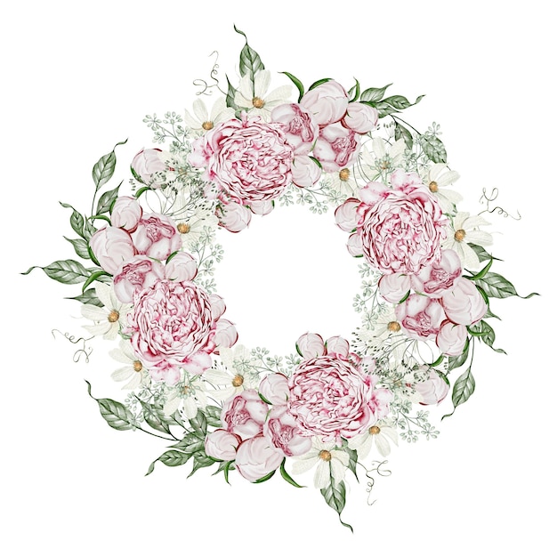 Photo watercolor wreath with roses flowers and chamomileleaves