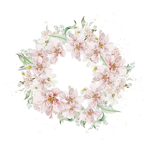 장미 꽃과 카모마일 잎이 있는 수채화 화환