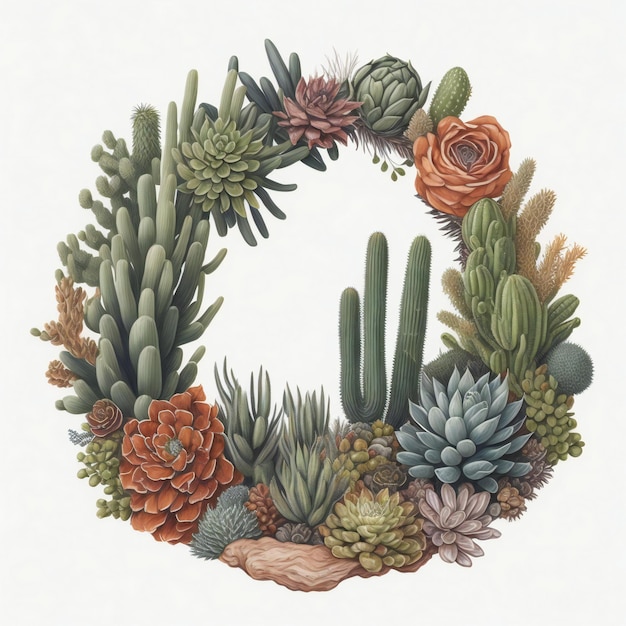 A watercolor wreath with succulents and cacti showcasing a desertinspired theme ai generated