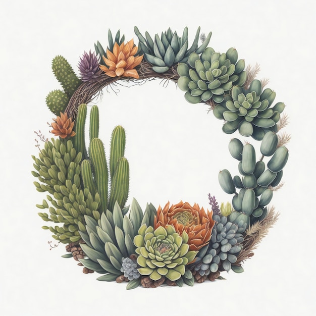 A watercolor wreath with succulents and cacti showcasing a desertinspired theme ai generated