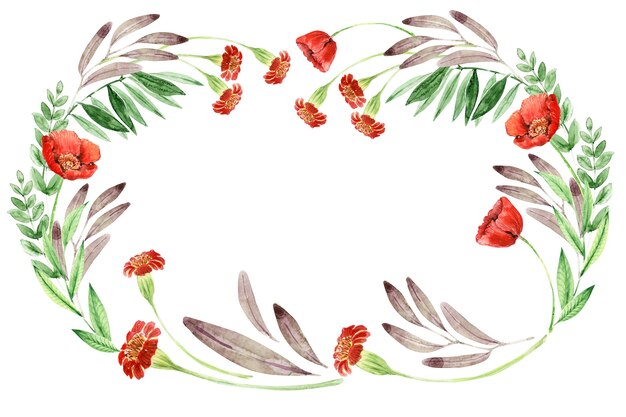 Watercolor wreath with various decorative flowers and leaves