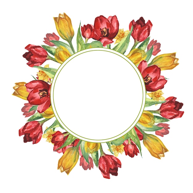 Watercolor wreath with yellow and red tulips.