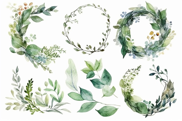 Watercolor wreaths with green leaves and branches on a white background