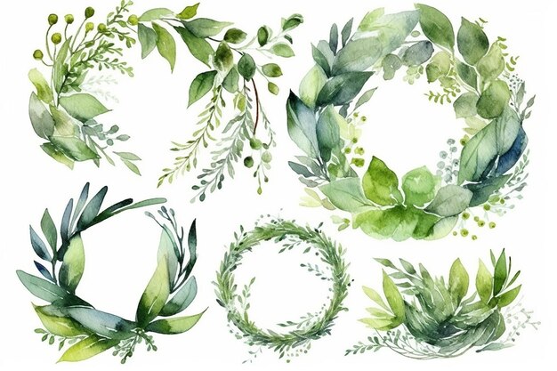 Watercolor wreaths with green leaves and branches on a white background