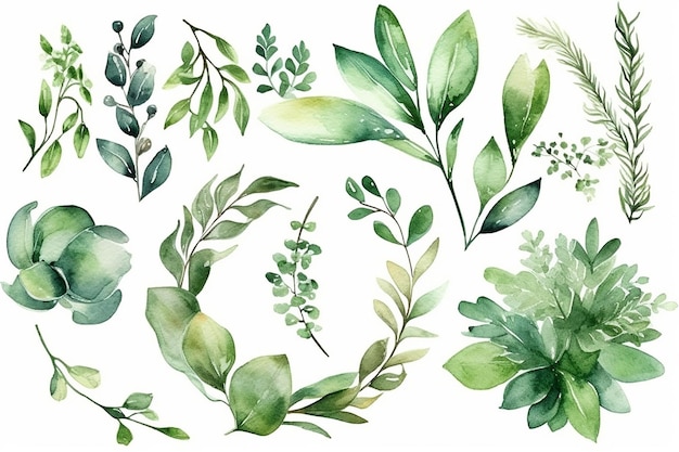 Watercolor wreaths with green leaves and branches on a white background