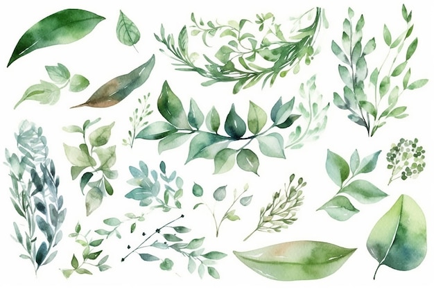 Watercolor wreaths with green leaves and branches on a white background