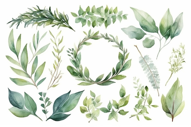 Watercolor wreaths with green leaves and branches on a white background