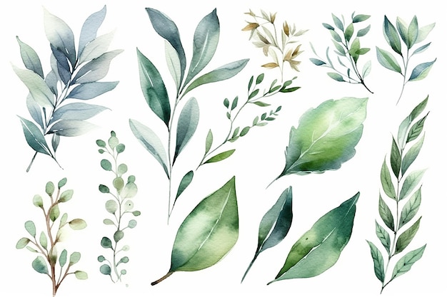 Watercolor wreaths with green leaves and branches on a white background