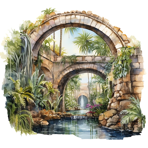 Photo watercolor xcaret highlighting the stone arches and tropical on white background aesthetics house