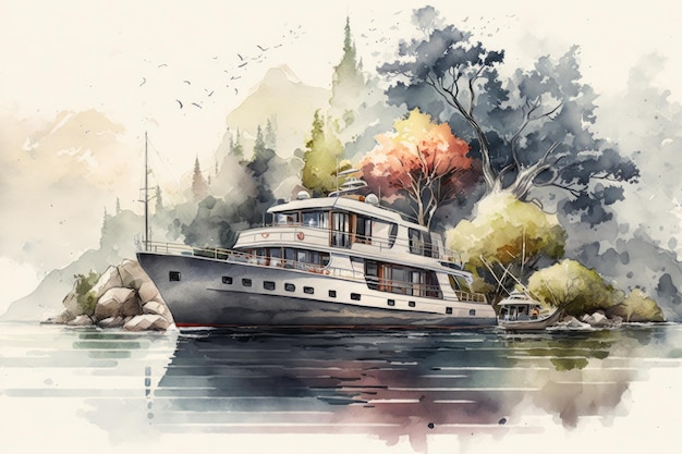 Watercolor yacht design with peaceful serene setting