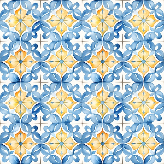 Watercolor yellow and blue Spanish seamless tiles Lisbon pattern tile Portuguese ornament