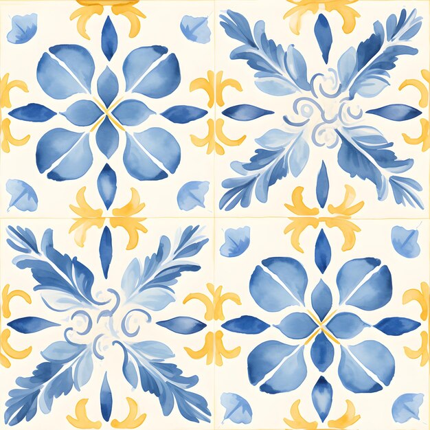 Watercolor yellow and blue Spanish seamless tiles Lisbon pattern tile Portuguese ornament