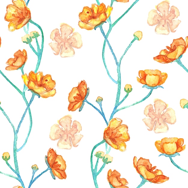 Watercolor yellow buttercups seamless pattern texture background