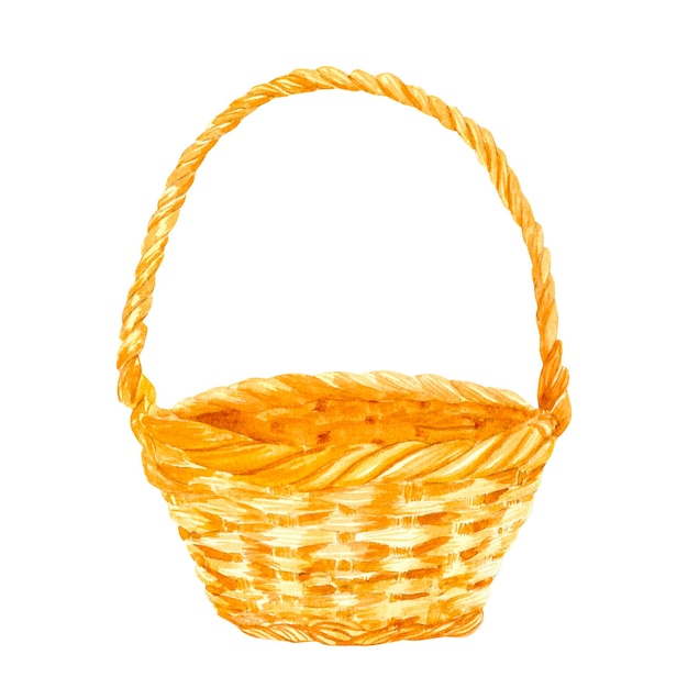watercolor yellow straw basket fairy tale cottagecore style white background clipart