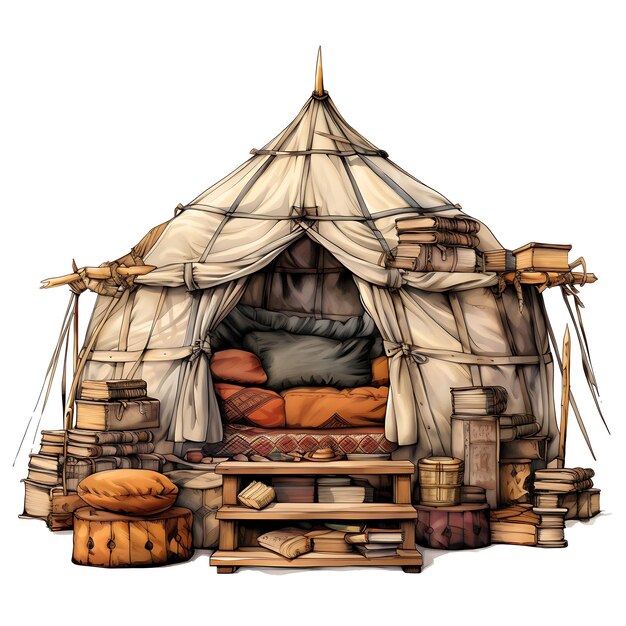 Watercolor of Yurt Book Cot in Mongolia With Buuz Reading Quarter Deerskin Cozy Place Flat Tshirt