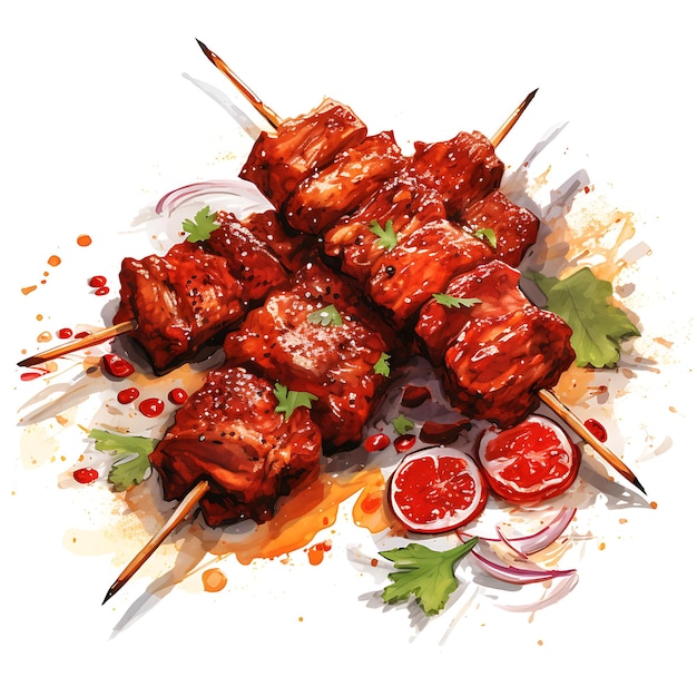 Watercolorof Spicy Suya Showcasing the Fiery Spices and Tend Beauty Painting Art Food Cuisine
