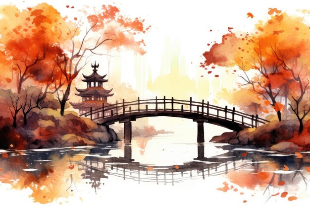 Watercolour an autumn forest at a bridge on a white background