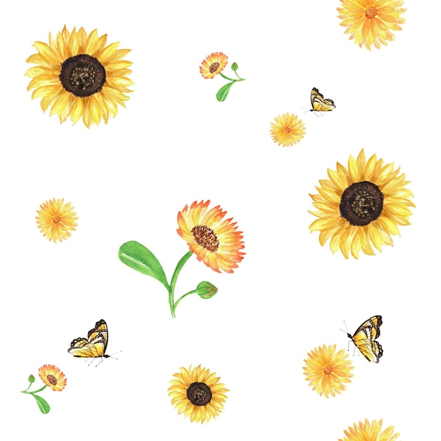 Watercolour autumn pattern with sunflowers marigold and butterflies