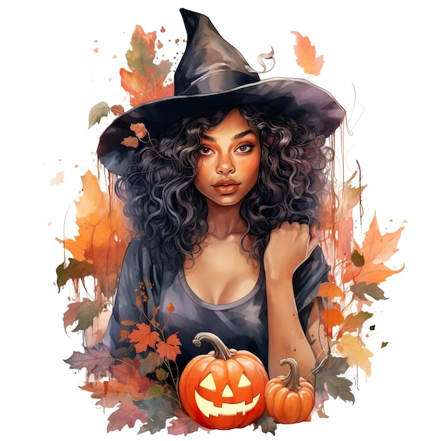 Watercolour a beautiful black woman dressed as a witch clipart