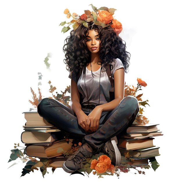 Watercolour black girl sitting on a stack of books clipart