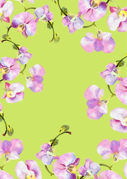 라임 배경 웨딩 장식에 꽃과 난초 잎이 있는 수채화 테두리