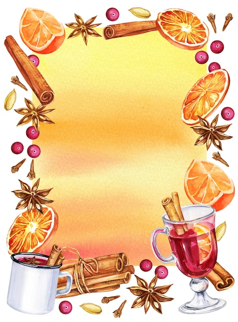 Watercolour border with mulled wine glass and ingredients hand drawn sketch