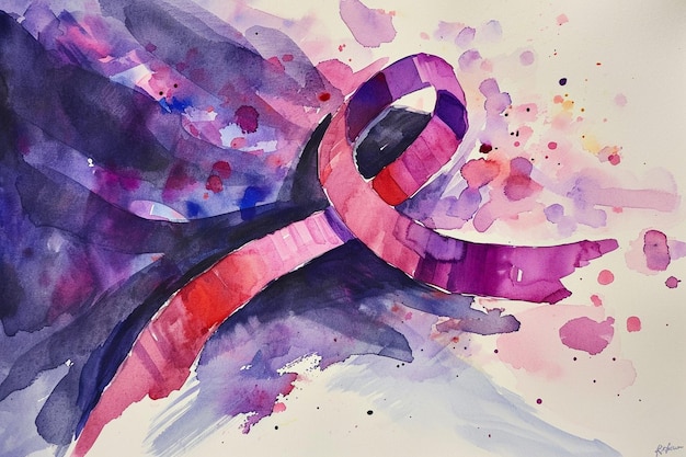 Photo watercolour breast cancer awareness ribbon on violet background
