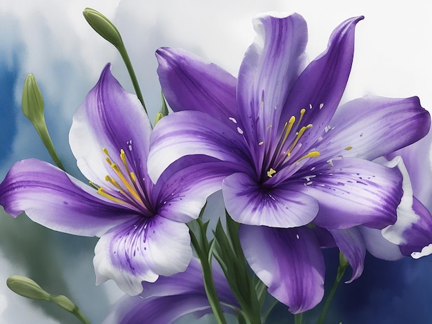 Watercolour of a bunch of purple lily flowers generative ai